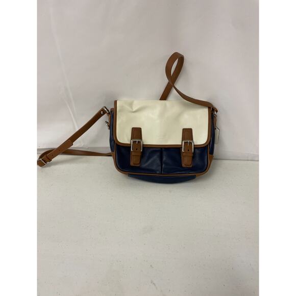 Coach Park Women Colorful Color Block Leather Crossbody Satchel Bag Navy Tan - Picture 1 of 8